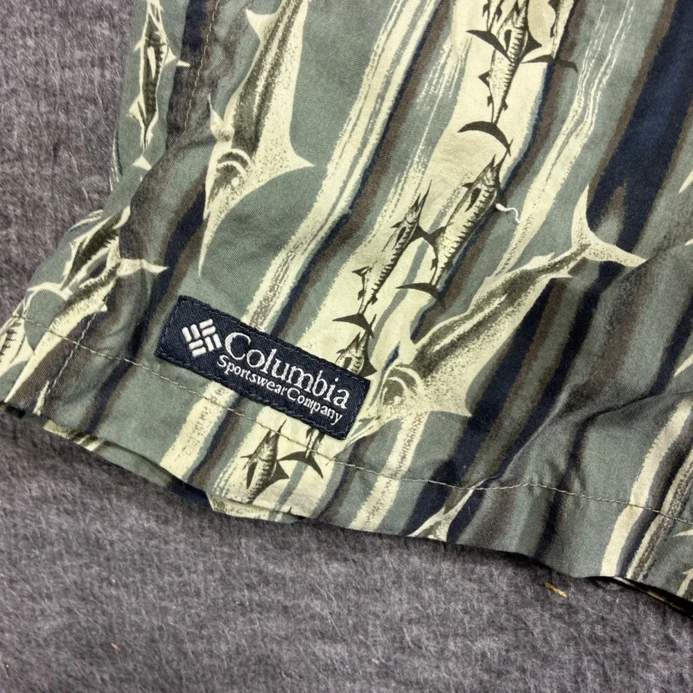 Vintage Columbia Swim Shorts Mens Large Green Marlin Fish Print Belted 90s